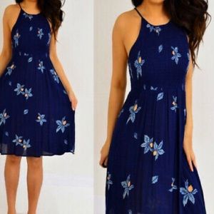 navy halter dress w/ light blue flowers